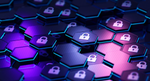 Purple gradient hex keys like on a keyboard with locks on them.